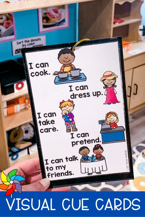 The hardest parts of any preschool day are the transition times. Visual cues help students move through their day more easily. Visual Cue Cards For Preschool, Visuals For Preschool Classroom, Visual Cue Cards, Classroom Expectations Poster, Preschool Transitions, Classroom Management Preschool, Preschool Prep, Prek Classroom, Dramatic Play Preschool