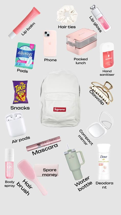 Stuff to put in your school bag 💗🎀 What To Pack In Your Backpack For School, Pretty Backpacks For School, Things To Put In School Bag, Lunches To Bring To School, Stuff To Put In Your Backpack For School, School Bag Essentials For Teens, What To Put In Your Bag, What To Have In Your Bag For School, School Stuff Aesthetic