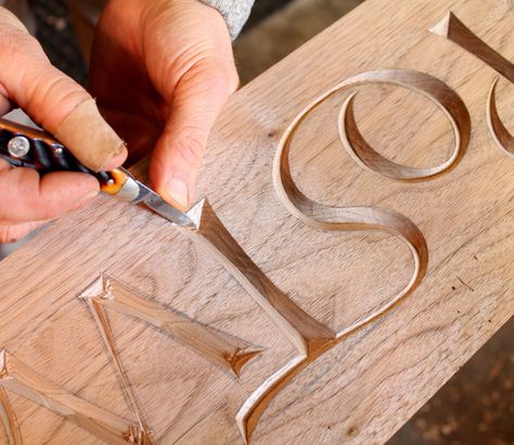 Lettering Large – David Fisher, Carving Explorations Carving Letters In Wood, Lettering Projects, Dremel Carving, Wood Carving Tools Knives, Dremel Projects, Carved Wood Signs, Dremel Wood Carving, Chip Carving, Wood Carving Patterns