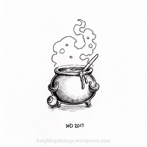 Witches Couldren Drawings, Cute Cauldron Drawing, Small Cauldron Tattoo, Spooky Candle Drawing, Halloween Cauldron Drawing, Halloween Ink Drawings, Cauldron Drawing Simple, Witches Cauldron Drawing, Bubbling Cauldron Drawing