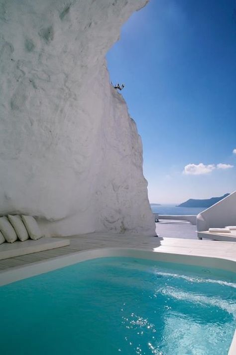 Katikies Hotel Cave Pool, Greece: This Greek hotel pool boasts crystal-clear water and views of the sea from the confines of a white concrete cave. Katikies Hotel Santorini, Grecia Santorini, Cave Pool, Patras, Bohol, Greece Travel, Vacation Destinations, Senior Year, Places I Want To Go