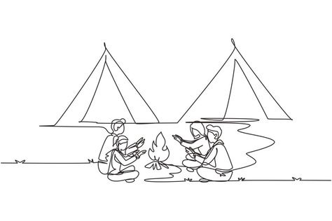 Campfire Drawing Simple, Bonfire Drawing, Camp Fire Drawing Easy, Couple Camping Drawing, Campfire Line Drawing, Couple Camping, Draw Two, Continuous Line Drawing, Continuous Line