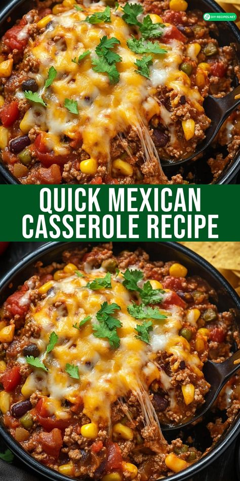 Whip up this Quick Mexican Casserole in under an hour! Perfect for busy nights, with layers of beef, veggies, and melted cheese. Mexican Casserole With Beef Healthy, Mexican White Trash Casserole, Mexican Casserole With Beef Easy, Mexican Food Recipes Casseroles, Mexican Casserole With Rice, Mexican Pasta Casserole, Crockpot Mexican Casserole, Mexican Casserole With Beef, Layered Mexican Casserole