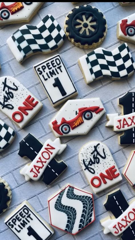 First Trip Around The Track Birthday, Fast One Birthday Food Ideas, Fast One Birthday Cupcakes, Racecar Cupcakes Ideas, Racecar 1st Birthday, Baby First Birthday Themes, First Birthday Cookies, 2nd Birthday Party For Boys, Boys First Birthday Party Ideas