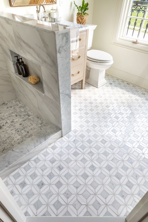 Marble Mosaic Bathroom, Mosaic Tile Bathroom Floor, Master Bath Tile, Marble Mosaic Floor, Guest Bathroom Renovation, Marble Bathroom Floor, Mosaic Bathroom Tile, Timeless Bathroom, Beach Bathroom