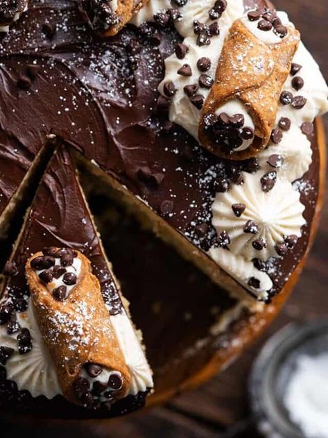 The Best Cannoli Cake Recipe - An Edible Mosaic™ Canola Cake Recipe, Chocolate Cannoli Cake, Cannoli Cream Filling, Cannoli Cake Recipe, Yellow Cake Chocolate Frosting, Cannoli Cheesecake, Cannoli Cake, Moist Yellow Cakes, Cannoli Filling