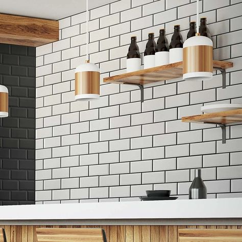 White Brick Tiles Kitchen, White Brick Wall Interior, Brick Tiles Kitchen, Metro Tiles Kitchen, White Metro Tiles, Brick Style Tiles, Brick Ceramic Tile, Brick Tile Wall, White Brick Tiles