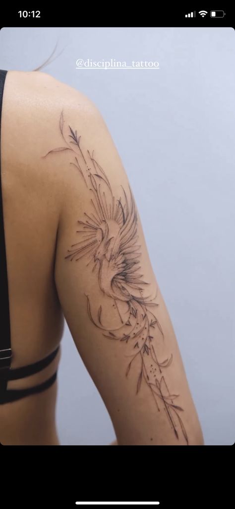 Phoenix Tattoo Placement, Pheonix Tattoo Delicate, Whimsical Phoenix Tattoo, Phoenix And Snake Tattoo, Fenix Tattoo Woman Arm, Back Phoenix Tattoo Women, Phoenix Rising Tattoo For Women, Phoenix Arm Tattoo For Women, Rising Phoenix Tattoo Feminine Arm