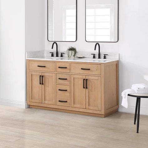 Everly Quinn Bonnet 60 | Wayfair Farmhouse Sink Faucet, Engineered Stone Countertops, Brown Cabinets, Ceramic Sinks, Double Bathroom, Vanity Countertop, Cultured Marble, Engineered Stone, Double Bathroom Vanity