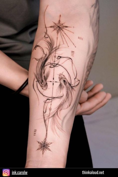 Geometric Koi Fish, Koi Fish Tattoo Meaning, Koi Fish Tattoos, Yin And Yang Symbol, Geometric Line Tattoo, Ma Tattoo, Koi Tattoo Design, Unique Butterfly Tattoos, Tattoo Mini