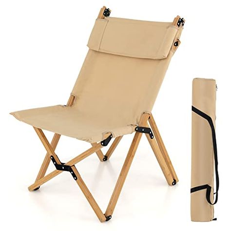 COSTWAY Folding Camping Chair, Portable High Back Bamboo Garden Chairs with 2-Level Adjustable Backrest and Carrying Bag, Outdoor Canvas Lawn Chair for Patio Picnic Beach Portable Garden, Patio Picnic, Folding Beach Chair, Bamboo Construction, Cozy Seats, Portable Chair, Folding Camping Chairs, Bamboo Chair, Outdoor Canvas