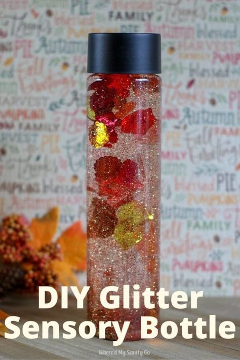 DIY Glitter Sensory Bottle and Calm Down Bottle. An easy craft that takes only a few supplies to make. Glitter Bottle Diy, Thanksgiving Sensory, Sensory Bottles Preschool, Glitter Sensory Bottles, Calming Bottle, Glitter Bottles, Sensory Activities For Preschoolers, Prek Activities, Calm Down Bottle