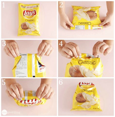 How To Fold (Almost) Everything - One Good Thing by JilleePinterestFacebookPinterestFacebookPrintFriendly Organisation Clothes, Chip Bag Folding, Folded Flag, Chip Clips, Folding Bag, Fitted Bed Sheets, How To Fold, Folding Clothes, Chip Bags