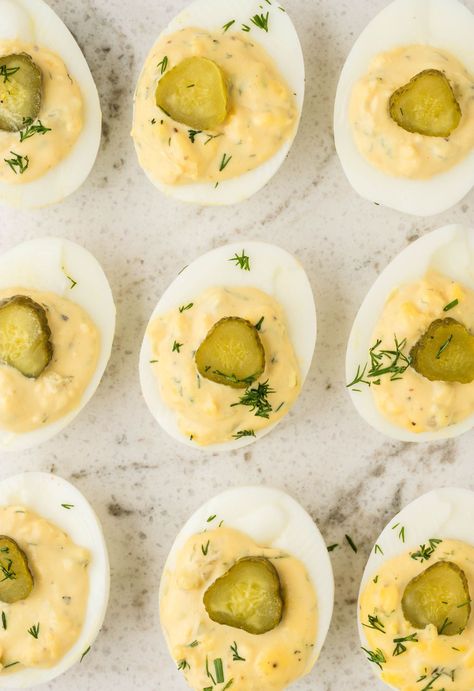 Deviled eggs made with dill pickles Deviled Eggs Dill Pickle, Deviled Eggs With Pickles, Pickle Deviled Eggs Recipe, Deviled Eggs Dill, Dill Pickle Deviled Eggs, Pickle Deviled Eggs, Dill Deviled Eggs, Egg Yolk Uses, Dill Pickle Juice