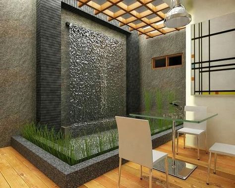 Simple Garden with waterfall Indoor Waterfall Wall, Vertikal Garden, Modern Water Feature, Kolam Koi, Taman Air, Water Feature Wall, Courtyard Design, Fountain Design, Tabletop Fountain