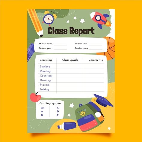 Hand drawn report card template | Premium Vector #Freepik #vector #report-card #list-template #explanation #list School Report Card Template, Card Drawing Ideas, School Report Card, Project Report, Report Card Comments, Learn Hand Lettering, Homeschool Preschool Activities, Report Card Template, Illustrator Design Tutorial