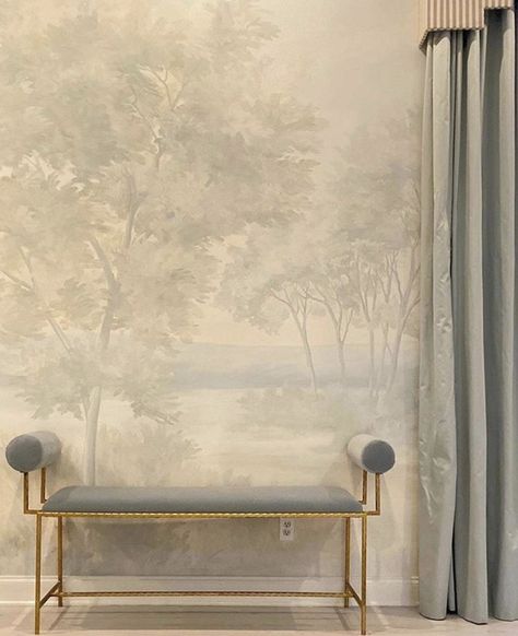 Susan Harter, Dining Room Murals, Foyer Wallpaper, Dining Room Accent Wall, Luxurious Wallpaper, Elegant Entryway, Dining Room Accents, Room Accent Wall, Scenic Wallpaper