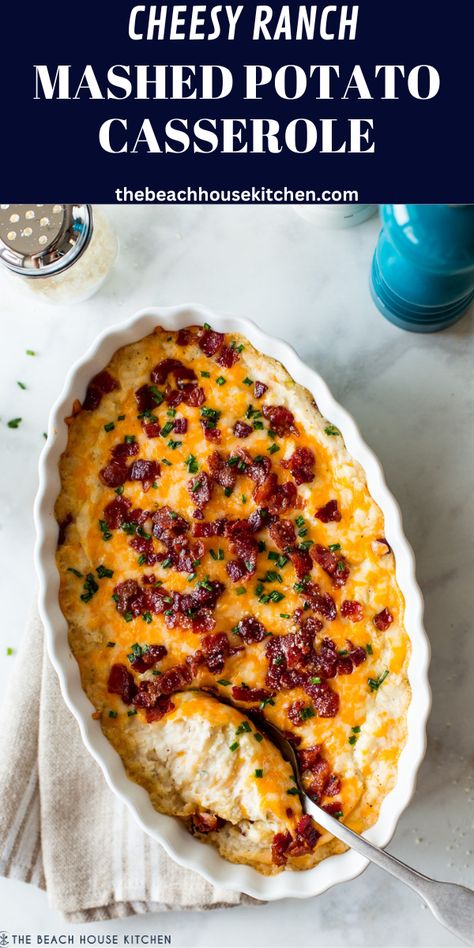 This Cheesy Ranch Mashed Potato Casserole is to die for AND it's ridiculously easy! Creamy potatoes, ranch seasoning, bacon, onions and cheese make for a dish you'll want to serve your family again and again! Cheesy Ranch Mashed Potatoes, Ranch Potato Casserole, Ranch Potatoes Baked, Roasted Ranch Potatoes, Ranch Mashed Potatoes, Mashed Potatoes From Scratch, Glazed Pork Chops Recipes, Roasted Smashed Potatoes, Cheesy Ranch Potatoes