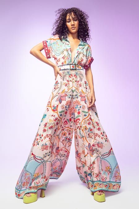 Pattern Jumpsuit, Chintz Pattern, Embroidered Jumpsuit, Saree Gown, Jumpsuit For Women, Contemporary Elements, Pink Jumpsuit, Jumpsuit Pattern, Embroidered Maxi Dress