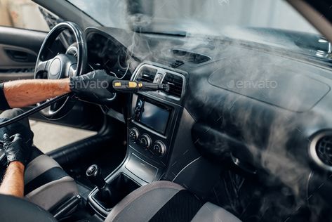 Carwash service, worker in gloves cleans salon with steam cleaner. Professional dry cleaning of car interior Car Detailing Interior, Hand Car Wash, Eco Friendly Cleaning Products, Steam Cleaner, Steam Cleaners, Steam Cleaning, Hvac System, Cabin Air Filter, Ventilation System