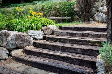 How To Use Railway Sleepers In Your Garden | Bury Hill Topsoil and Logs Blog | Gardening Advice Blog Sleeper Steps, Railway Sleepers Garden, Patio Garden Ideas, Garden Path Ideas, Sleepers In Garden, Landscape Stairs, Landscape Steps, Townhouse Garden, Pathway Landscaping