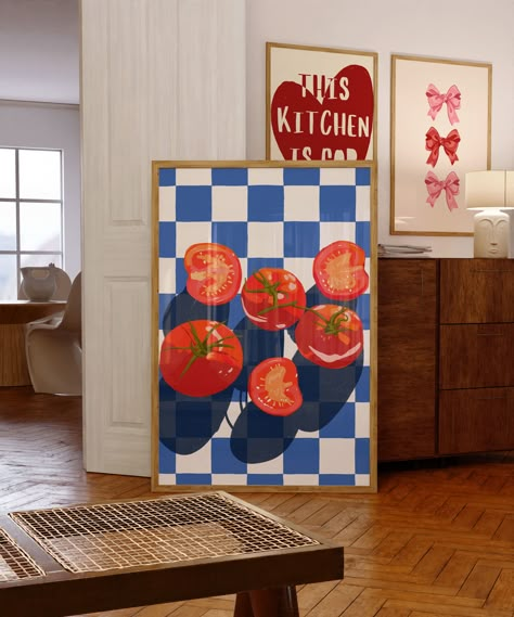 🍅💖 Tomato Love Print - Fun Kitchen Decor for Veggie Enthusiasts 💖🍅 Add a touch of freshness to your kitchen decor with our Tomato Love Print! Featuring charming tomato illustrations and the word "Tomato" on a checkered tablecloth background, this print brings a whimsical and vibrant vibe to any space. As part of our Veggie Kitchen Decor collection, this poster is perfect for veggie enthusiasts and those who appreciate the beauty of fresh produce. Whether displayed in your kitchen, dining are Mural Wall Art Kitchen, Drawing For Kitchen Art Prints, Happy Kitchen Decor, Vegetable Kitchen Decor, Retro Kitchen Wall Art, Kitchen Art Aesthetic, Cool Kitchen Art, Retro Kitchen Poster, Kitchen Poster Design