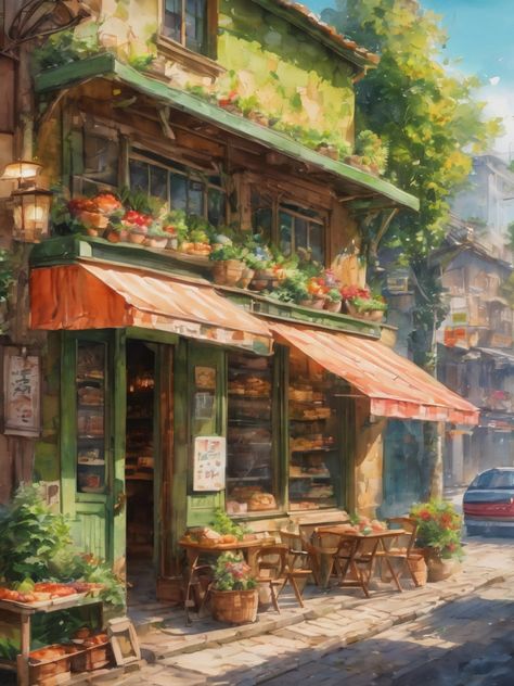 Cute vintage roadside bakery ,green color scheme, AI art, Watercolor painting, landscape art Magical Bakery Aesthetic, Fairy Bakery Aesthetic, Bakery Fantasy Art, Watercolor Cafe Shop, Fantasy Bakery Concept Art, Fantasy Bakery Aesthetic, Green Bakery Aesthetic, Cute Bakery Exterior, Bakery Shop Design Vintage