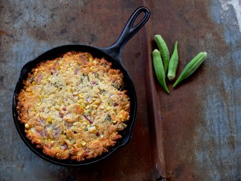 Okra Cornbread - Edible Communities Okra Cornbread, Okra Patties Recipe, Okra Patties, Stuffing Cornbread, Corn Cornbread, Pepper Varieties, Dressing Stuffing, Okra And Tomatoes, Southern Cookbook