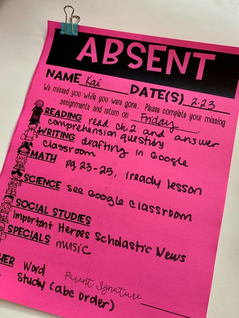 Easy Teaching Tools- Absent Note Freebie Absent Folders Classroom, Absent Student Organization, Absent Work Organization Elementary, Absent Work Organization Middle School, Absent Student Work, Absent Work, Absent Students, Student Desks, Work Organization