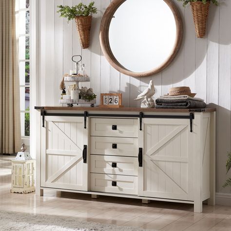 Gracie Oaks Terramuggus 48" W 4 - Drawer Dresser, Wood Storage Chest of Drawers | Wayfair Farmhouse Chest Of Drawers, Large Kitchen Cabinets, Sophisticated Farmhouse, Organize Tv Stand, Farmhouse Sideboard Buffet, Rustic Dresser, Dresser Tv Stand, Tall Chest Of Drawers, Farmhouse Dresser