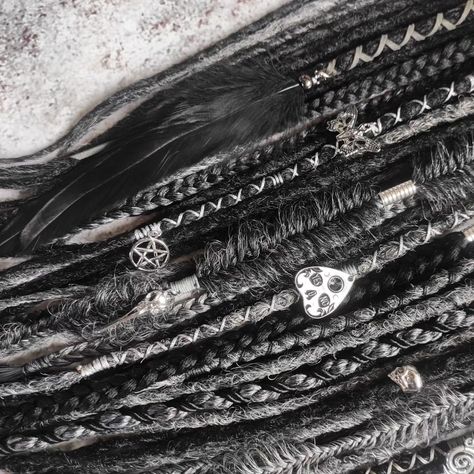 Oh no, it's not a black/white photo ⬛⬜ Just a black and grey set of synthetic crochet dreads with braids and wavy ends. The photo shows 20 DE (double ended - 40 pcs) dreads and braids 24" (60cm) long. Dreads: straight crochet Braids: regular, Fishtail and Senegalese (twists). Decor: witch-gothic. The same set can be made in the quantity and length you need. ▪️Synthetic dread falls are not harmful to your hair, hypoallergenic. ▪️Can be used many times for 1.5-2 months (depends on the spee... Straight Crochet Braids, Straight Crochet, Dreads And Braids, Dread Falls, Long Dreads, Senegalese Twists, Crochet Dreads, Synthetic Dreads, Senegalese Twist