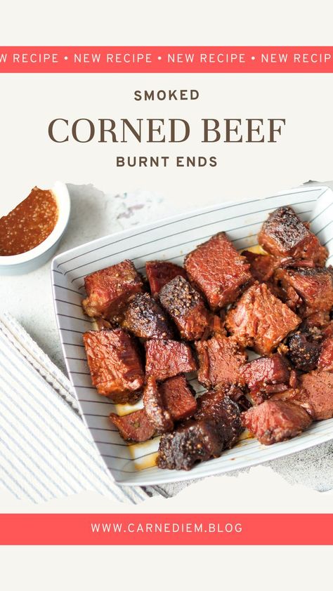 Trey of Corned Beef Burnt Ends with a cup of Guinness BBQ Sauce. Beef Burnt Ends, Smoked Corned Beef Brisket, Smoker Brisket, Smoked Corned Beef, Brisket Burnt Ends, Bbq Smoker Recipes, Corned Beef Brisket, Bbq Brisket, Burnt Ends