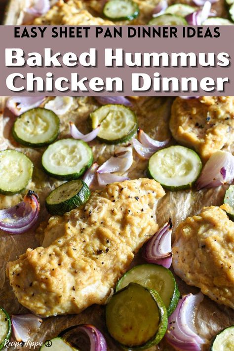 Looking for an easy and healthy sheet pan dinner idea? This recipe takes about 5 minutes to prepare, and is so delicious! Hummus chicken is a great way to use up leftover hummus in a recipe. One pan recipes don't have to be bland, and this family dinner idea is anything but! Baked hummus chicken breasts are an easy way to mix things up, and it's healthy! Chicken Breast Recipes Oven Baked, Boneless Chicken Breast Recipes Healthy, Simple Baked Chicken Breast, Chicken Breast Crock Pot Recipes, Easy Pan Fried Chicken, Chicken Breast Crock Pot, Weeknight Family Dinner Ideas, Chicken Dinner Ideas Healthy, Chicken Breast Recipes Boneless