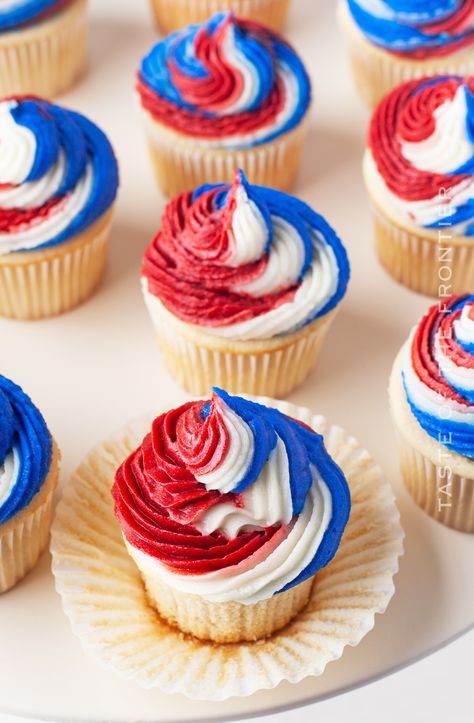 Whether you're hosting a Fourth of July barbecue or a Memorial Day picnic, these Red White, and Blue Cupcakes are sure to be a hit. Red White Blue Cupcakes, Red White And Blue Cupcakes Ideas, Patriotic Cupcakes Ideas, 4th Of July Desserts Cupcakes, 4th Of July Cupcake Ideas, July 4th Cupcakes, Fourth Of July Cupcakes, Red White And Blue Cupcakes, White And Blue Cupcakes