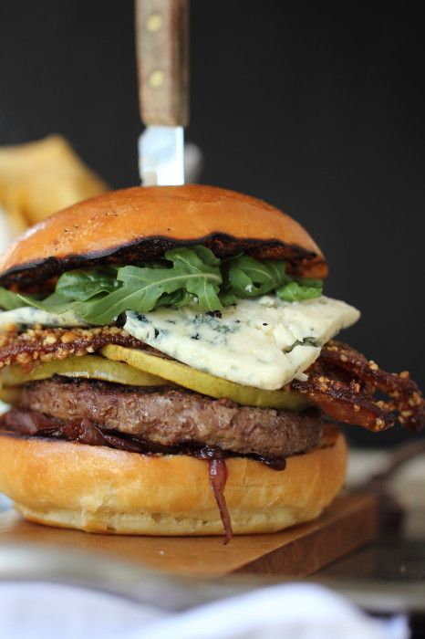 Grilled Blue Cheese Burger with Pear Juicy Necklace, Blue Cheese Burger, Blue Cheese Burgers, Candied Bacon, Cheese Burger, Gourmet Burgers, Beef Patty, Burger And Fries, Burgers Sandwiches