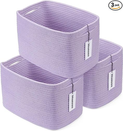 Amazon.com - Cotton Rope storage Basket Bins Woven Basket for Organizing Shelves Rectangle Decorative Baskets For storage Clothes Toys Books Towels Square Wicker Nursery basket organizer 3 pack purple lavender - Purple Hamper, Lilac Bedroom Decor, Lavender Room Decor, Wicker Nursery, Organizing Shelves, Nursery Basket, Basket Nursery, Rope Storage Basket, Book Basket