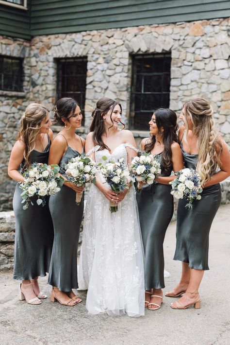 Gray skies were a gift at this Tahoe lodge wedding in the mountains Grey Wedding Decor, Silk Bridesmaid Dresses, Wedding In The Mountains, Grey Bridesmaids, Historic Wedding, Palette Inspiration, Grey Bridesmaid Dresses, Tahoe Wedding, Lodge Wedding