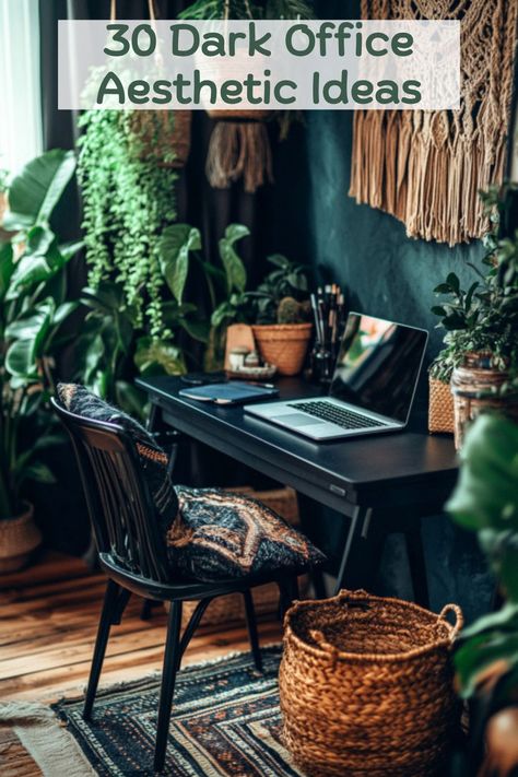 A dark bohemian office with hanging plants, woven baskets, and a sleek black desk embodies the dark academia aesthetic and offers moody office inspiration for modern home offices, perfect for a dark and moody office modern vibe and home office ideas dark academia fans. Maximalist Office Space, Home Office Ideas Dark, Office Ideas Dark, Moody Office Space, Moody Office Inspiration, Dark And Moody Office, Dark Moody Office, Dark Office Aesthetic, Cozy Office Ideas