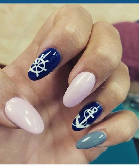 Sailor nails Nautical Nails Simple, Boat Nails Designs, Sailboat Nails, Sailing Nails, Boat Nails, Sailor Nails, Vacay Nails, Anchor Nails, White Almond Nails