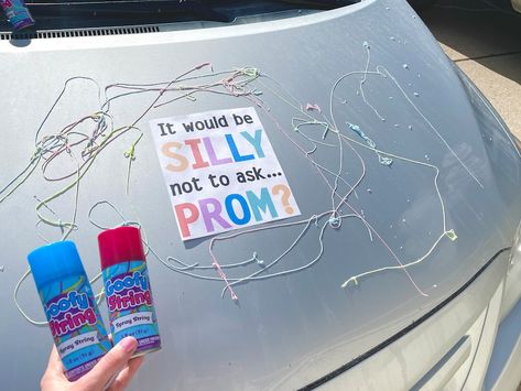 Promposal Poster Ideas, Funny Promposals, Prom Funny, Promposal Ideas For Him, Girl Ask Guy, Promposal Ideas, Silly String, Dance Proposal, Be Silly