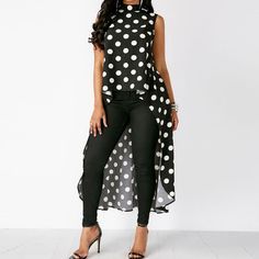 Black Pants Outfit Classy, White Top And Black Pants, Don Pedro, High Low Blouse, Chiffon Blouse, Polka Dot Print, Ladies Dress Design, Black Sleeveless, Trendy Dresses