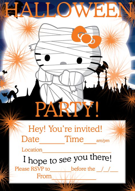 Hello Kitty Sleepover, Hello Kitty Printable, Hello Kitty Invitation Card, Printable Hello Kitty, Hello Kitty Birthday Invitations, Hello Kitty Invitations, Halloween Invitaciones, Halloween Birthday Party Invitations, Hello Kitty Colouring Pages