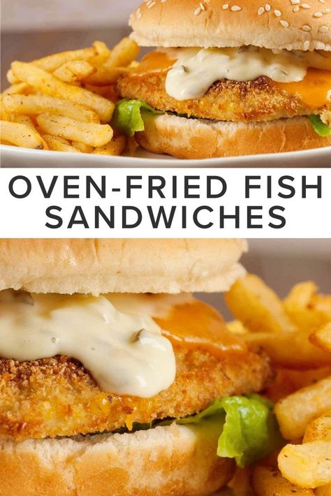 Healthier and far better tasing than their fast-food counterparts, these oven-fried fish sandwiches only take about a half-hour to make. Fish Fillet Sandwich, Fish Sandwich Recipes, Oven Fried Fish, Oven Baked Fish, Fish Sandwiches, Crispy Oven Fries, Crispy Fish, Recipe Using Chicken, Oven Fried