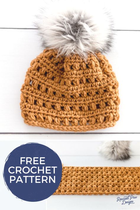 Fur Pom Pom Crochet Hat - Free Crochet Pattern by Rescued Paw Designs Crochet Pom Pom Hat, Crochet Guide, Easy Crochet Hat Patterns, Crochet Swimsuit, Easy Crochet Hat, Crochet Hat Free, Bonnet Crochet, Crochet Beanie Hat, Crochet Beanie Pattern