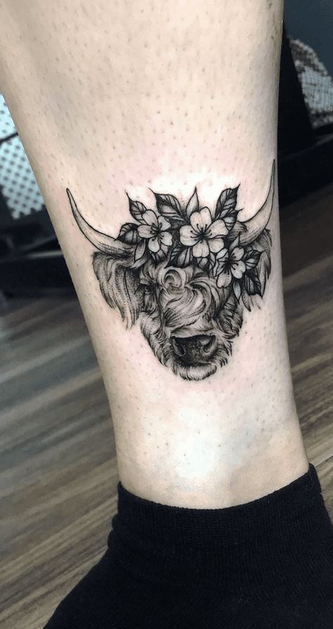 Cows And Flowers Tattoo, Cow Tattoo Ideas For Women, Animal Calf Tattoo, Small Highland Cow Tattoo, Hyland Cow Tattoo, Highland Cow Tattoo Simple, Highland Cow Tattoo With Flowers, Fierce Animal Tattoos, Kirin Tattoo