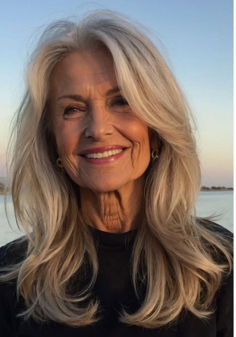 Medium Length Hair Styles For Seniors, Long Hairstyle Women Round Face, Farah Fawcett Hairstyle Modern, Hair For Seniors Older Women, Long Layers Hair Styles, Short Hair On Older Women, Long Heavy Hair Hairstyles, Blond Over 50, Medium Short Hairstyle Women With Layers