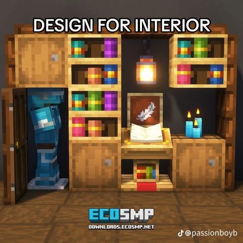 Minecraft Armor Display Ideas, Minecraft Small Interior Design, Ceiling Design Minecraft, Minecraft Crafting Station, Map Room Minecraft, Minecraft Armory Room, Living Room Minecraft, Minecraft Storage Room, Minecraft Storage