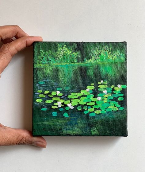 Green Pond ! Small painting! Miniature painting | Artfinder Amita Dand, Green Pond, Tiny Paintings, Tiny Canvas, Mini Toile, Easy Painting Ideas, Arte Peculiar, Canvas For Beginners, Small Canvas Paintings