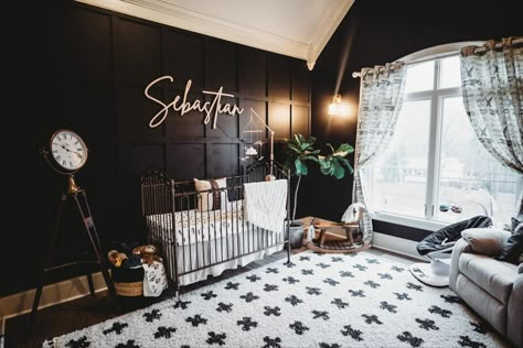 Black White And Natural Wood Nursery, Dark Themed Nursery, Dark Baby Room, Dark Nursery Ideas, Black Nursery Furniture, Attic Nursery, Black Crib Nursery, Gothic Baby Nursery, Moody Nursery