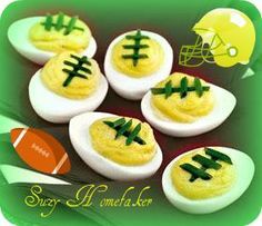 Packer football deviled eggs.Sure to be a hit at your next party! GO PACK GO!!! Sweet Deviled Eggs Recipe, Party Deviled Eggs, Football Shaped Foods, Football Foods, Sandwich Vegetarian, Pesto Dip, Football Snacks, Football Party Food, Best Party Food